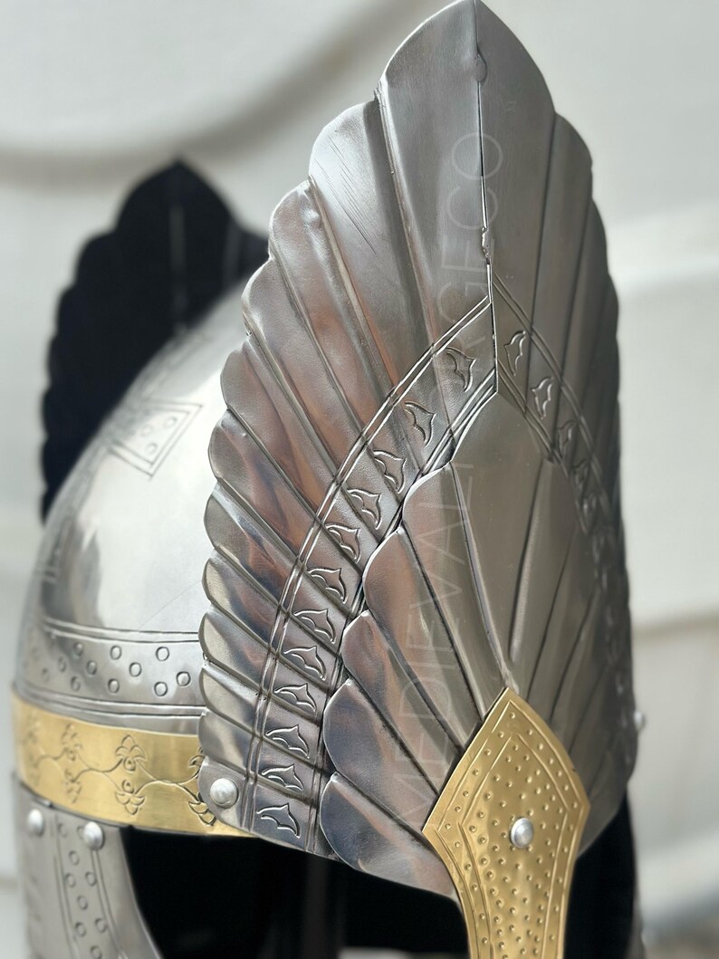 Engraved Medieval Steel Helmet — Brass Finish Wings view 13