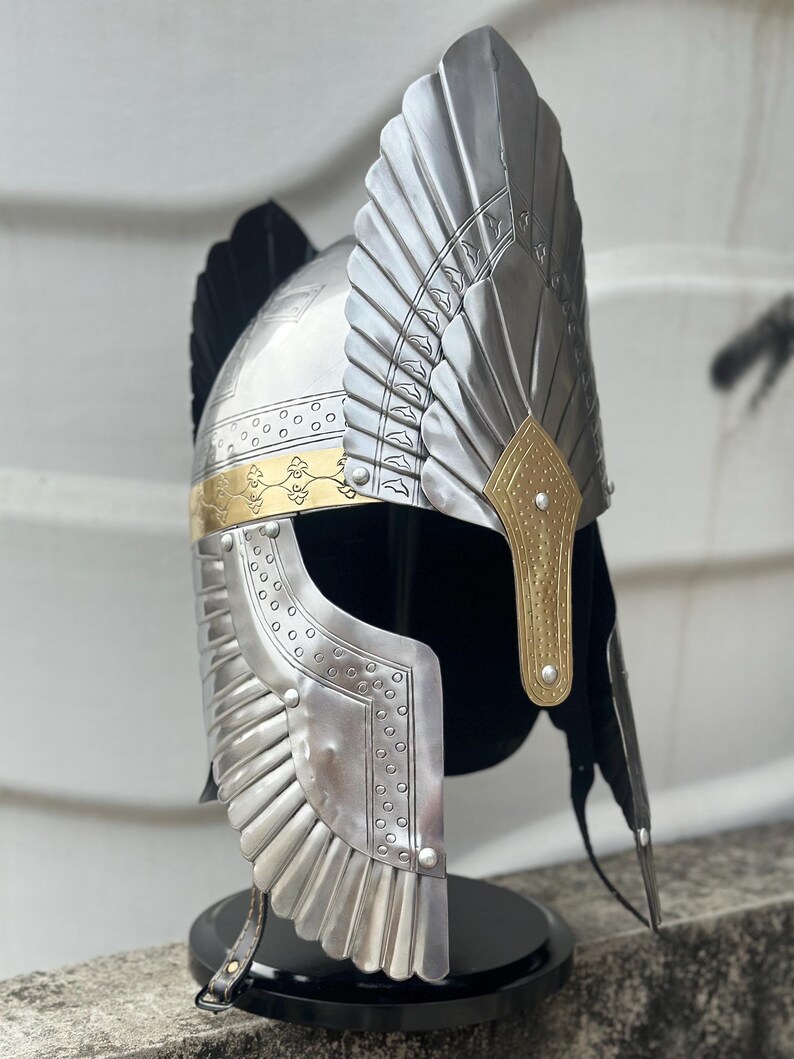 Engraved Medieval Steel Helmet — Brass Finish Wings view 14
