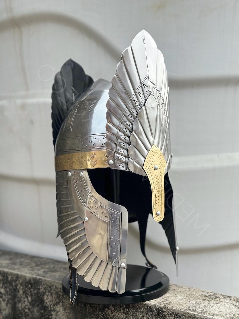 Engraved Medieval Steel Helmet — Brass Finish Wings view 16