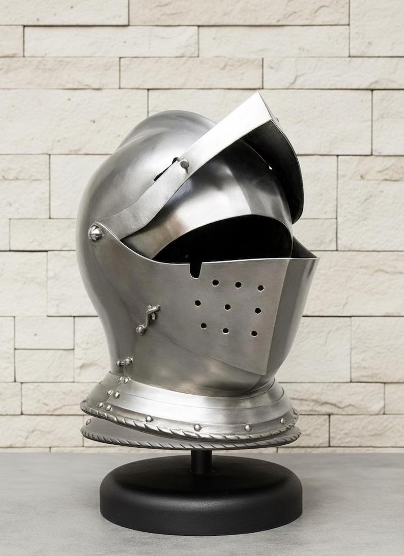 Medieval Knight Steel Helmet — Visored Armor Display view 2