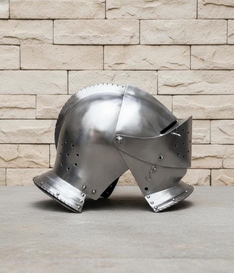 Medieval Knight Steel Helmet — Visored Armor Display view 3