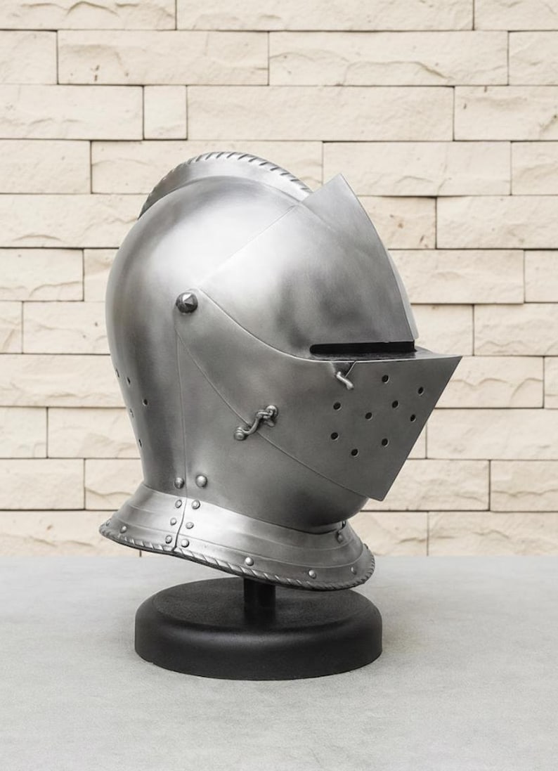 Medieval Knight Steel Helmet — Visored Armor Display view 4