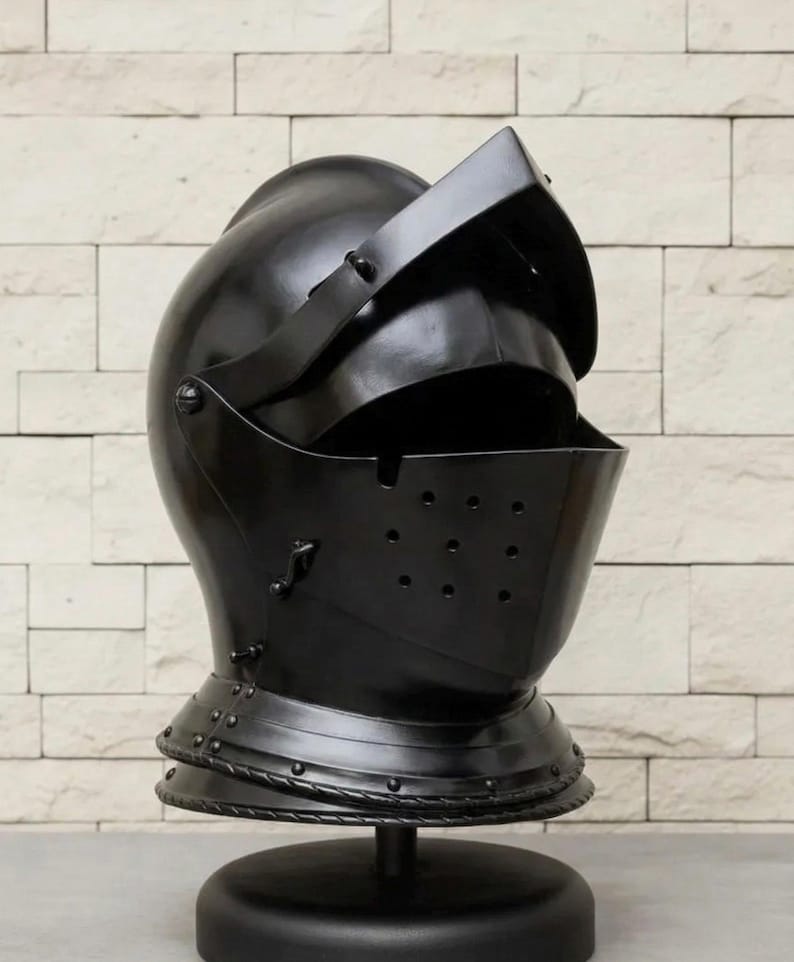 Medieval Knight Steel Helmet — Visored Armor Display view 8
