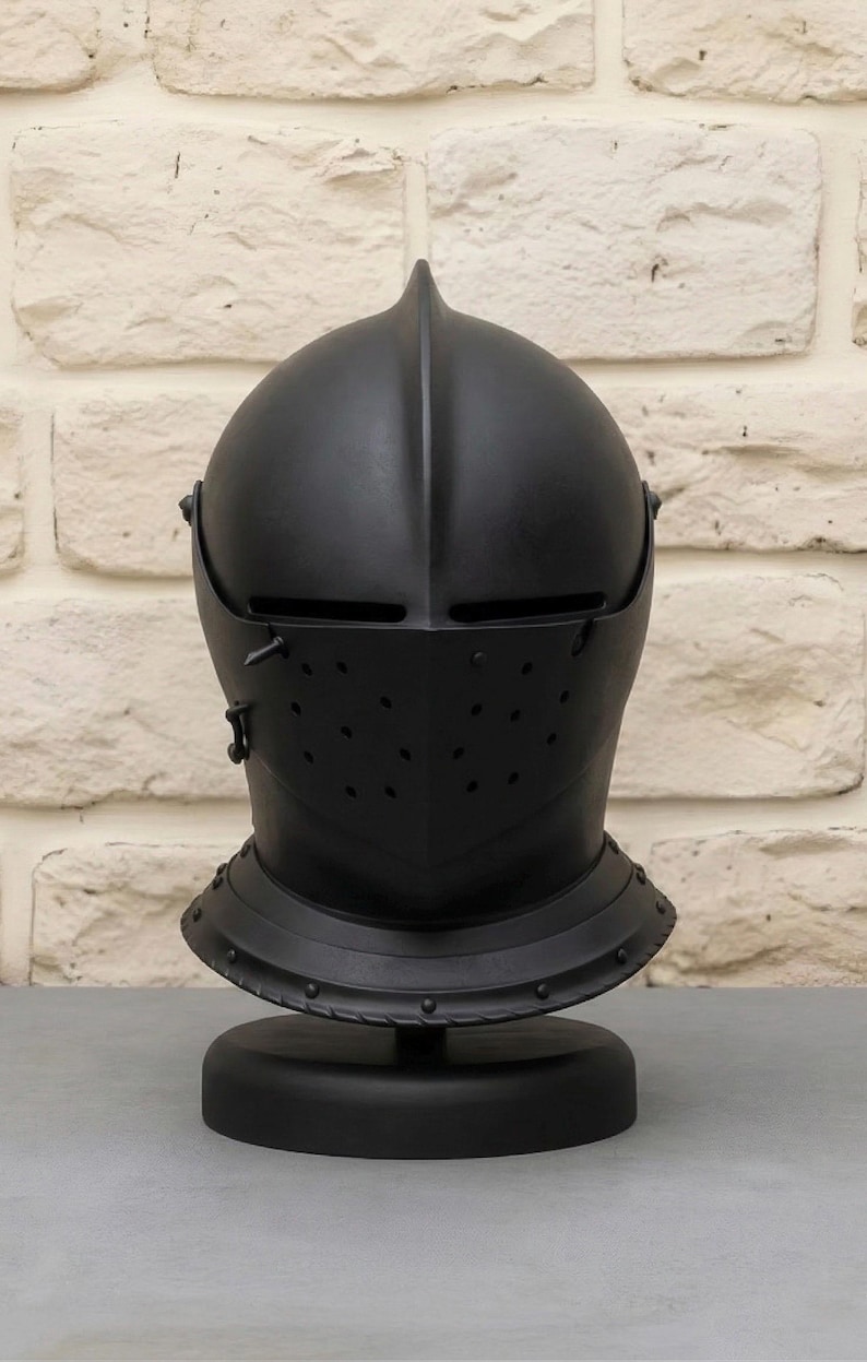 Medieval Knight Steel Helmet — Visored Armor Display view 9