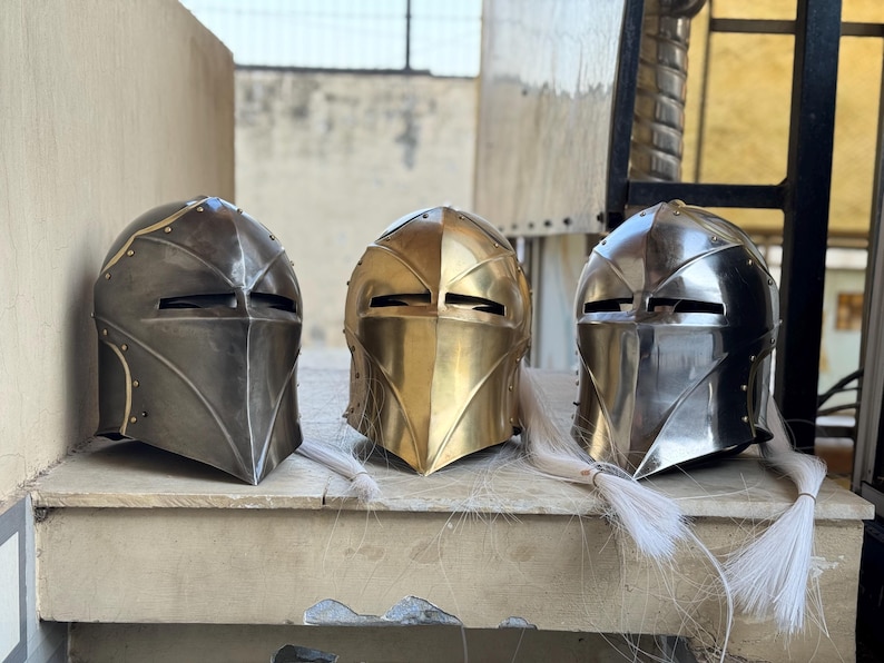 Knight Helmet — Brass Finish Open Visor Vanguard Winged view 2