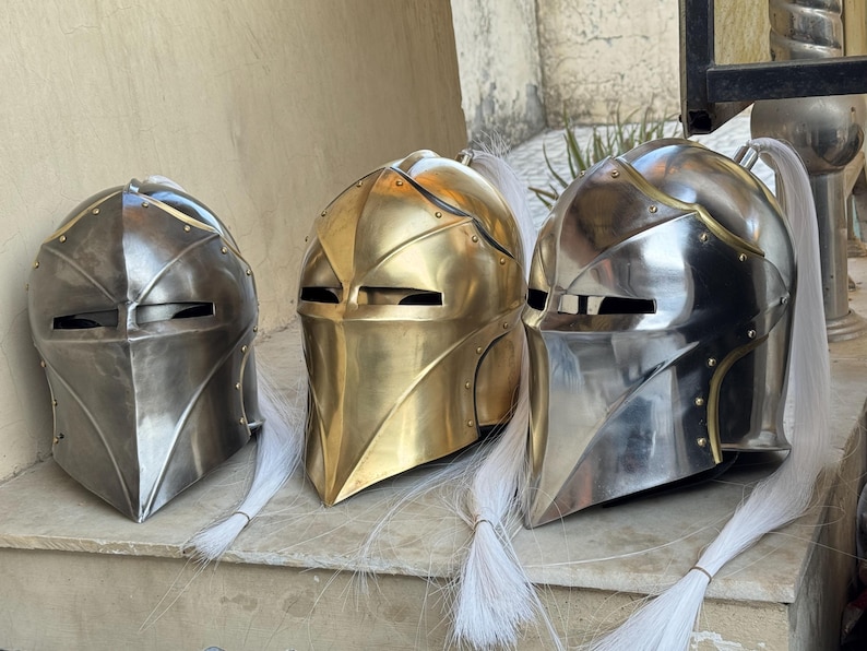 Knight Helmet — Brass Finish Open Visor Vanguard Winged view 3