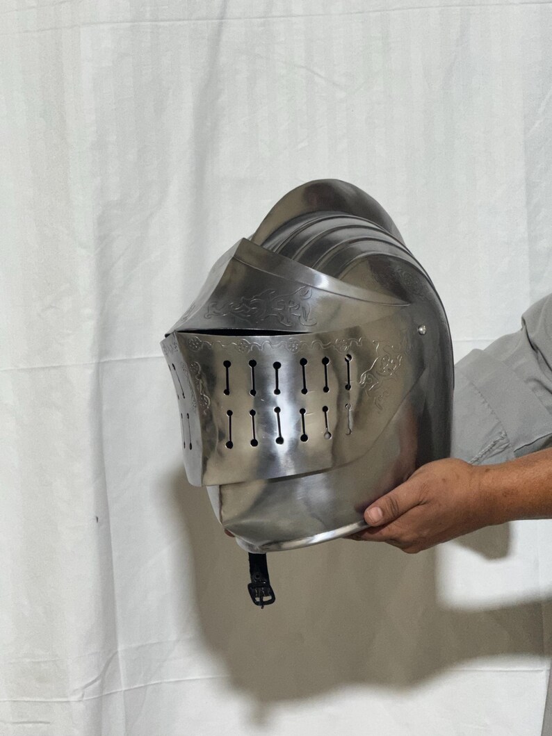 Engraved Medieval Helmet — Gothic Knight Close Armor view 2