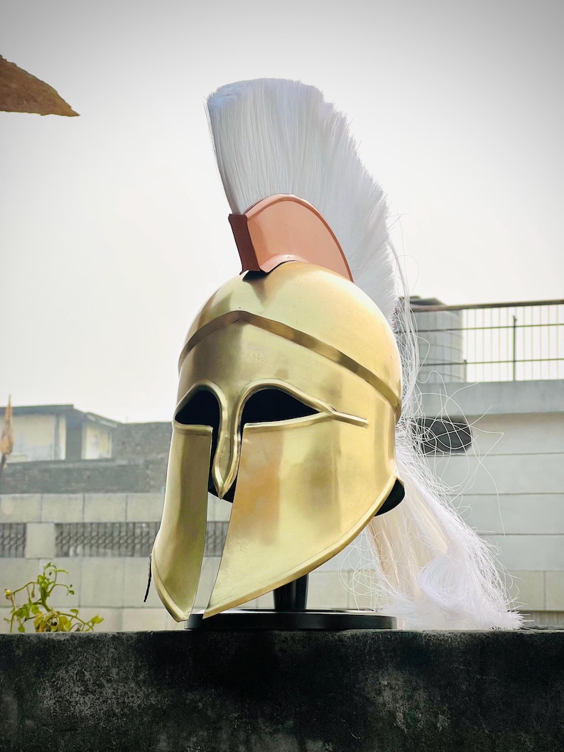 Aurelius Spartan Corinthian Helmet — Solid Brass White Plume view 2