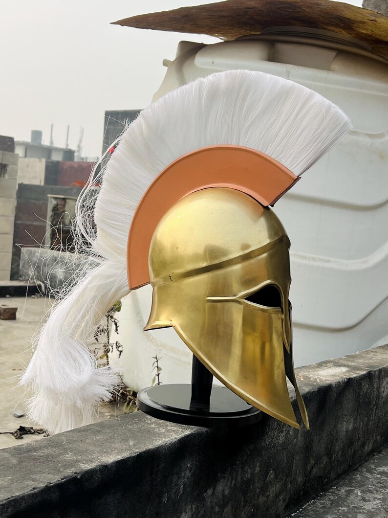 Aurelius Spartan Corinthian Helmet — Solid Brass White Plume view 3