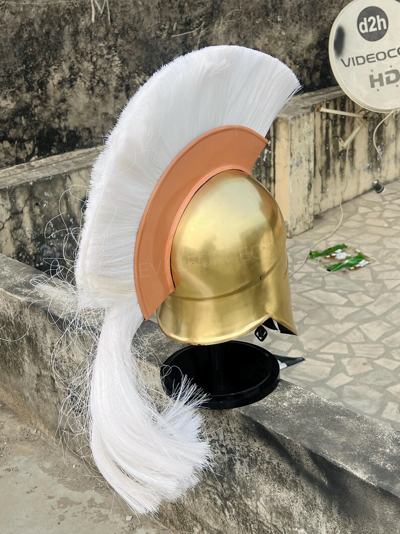 Aurelius Spartan Corinthian Helmet — Solid Brass White Plume view 5
