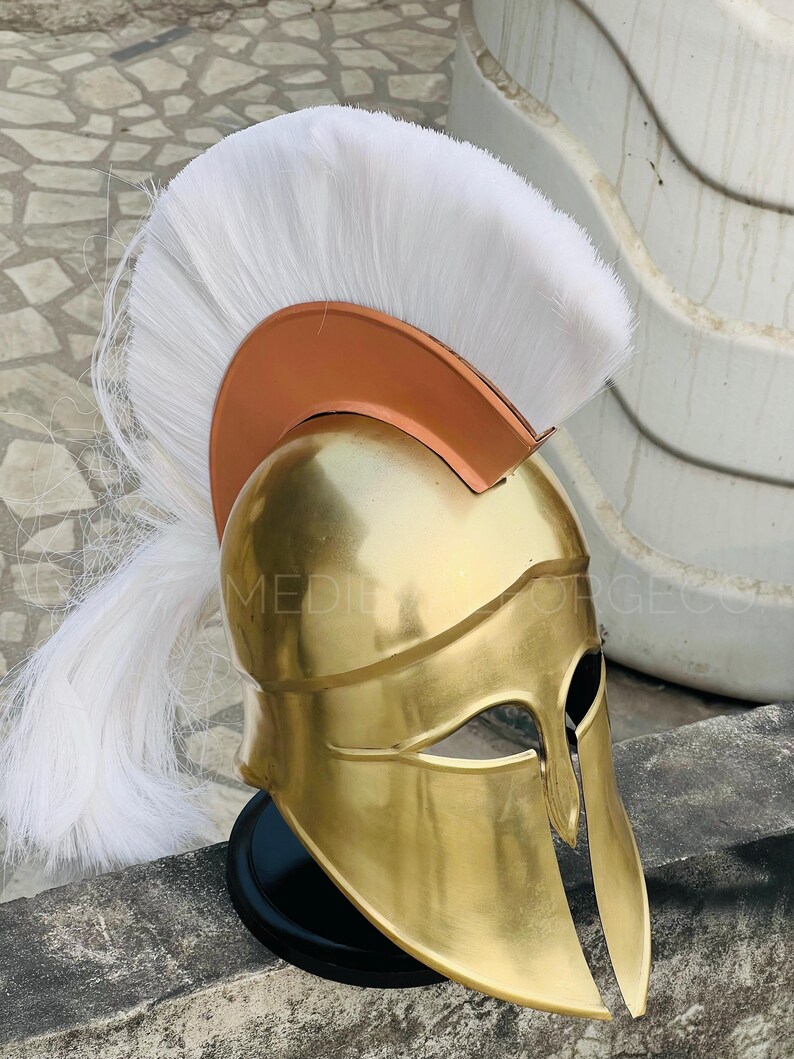 Aurelius Spartan Corinthian Helmet — Solid Brass White Plume view 7