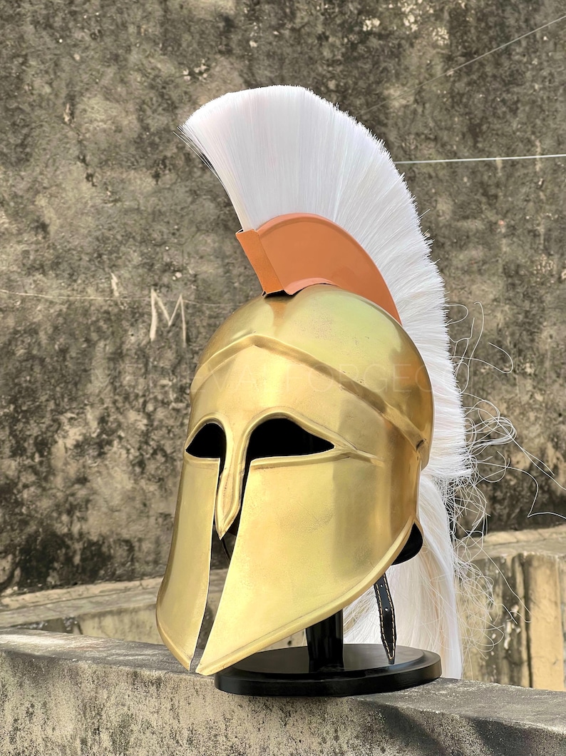 Aurelius Spartan Corinthian Helmet — Solid Brass White Plume view 8