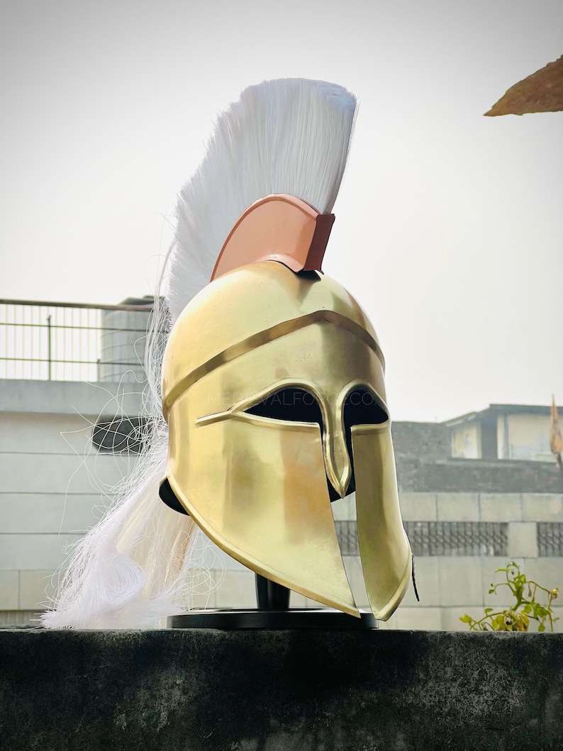 Aurelius Spartan Corinthian Helmet — Solid Brass White Plume view 9