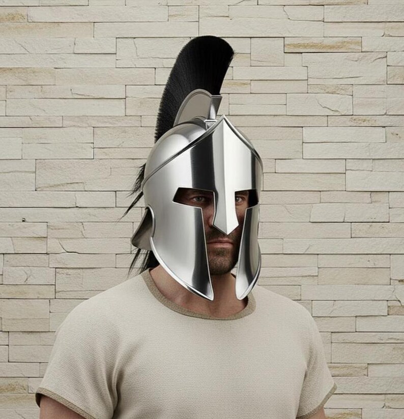 Polished Steel Spartan Helmet — Black Horsehair Crest view 2