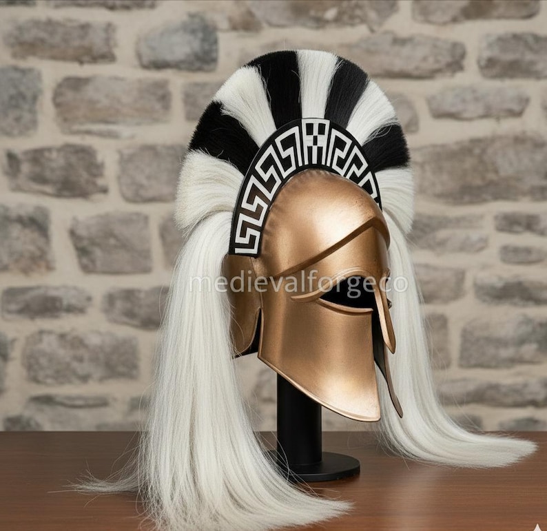 Bronze Spartan Helmet with Horsehair Crest — Wearable view 5