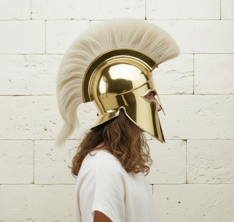 Golden Corinthian Helmet — Spartan Armor White Horsehair Crest view 4