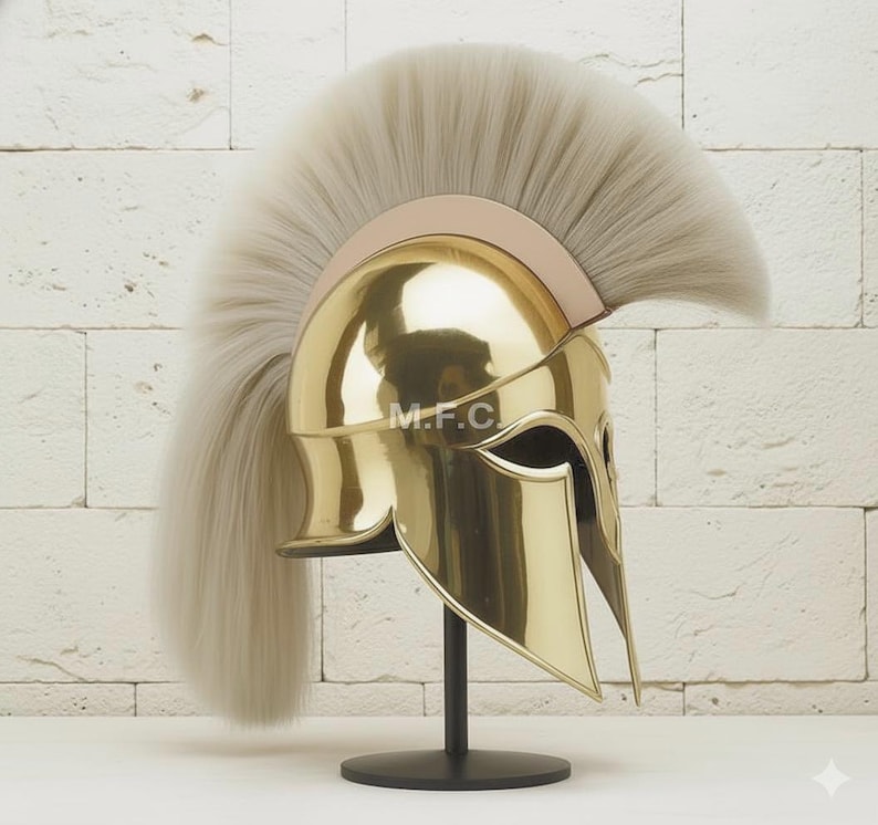 Golden Corinthian Helmet — Spartan Armor White Horsehair Crest view 5