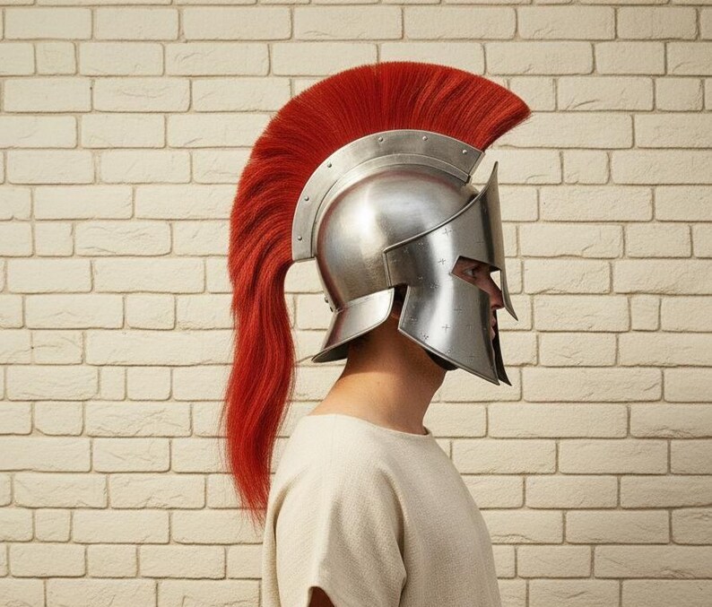 Spartan Helmet — Polished Steel Corinthian Red Crest view 3