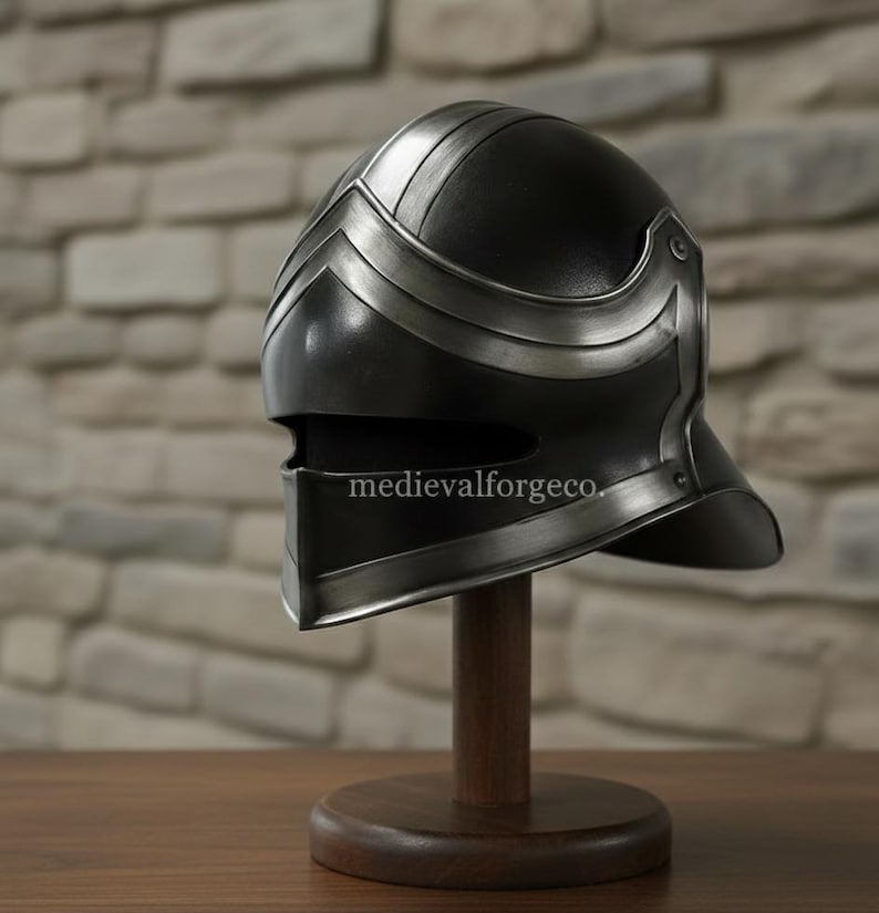 Black Steel Sallet Helmet — Fantasy Knight Armor view 3