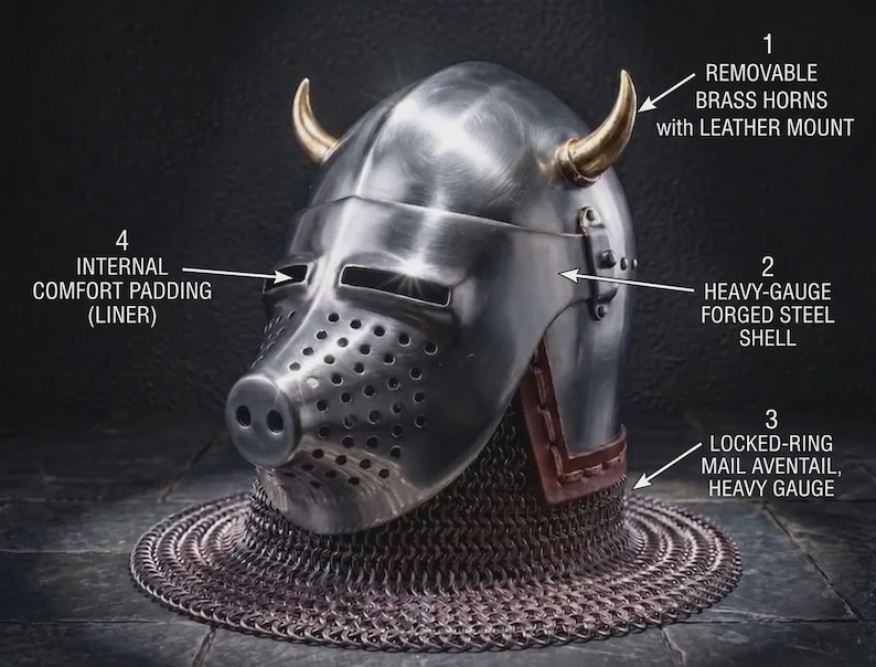 Viking Aventail Pig Face Helmet — Padded Chainmail view 2