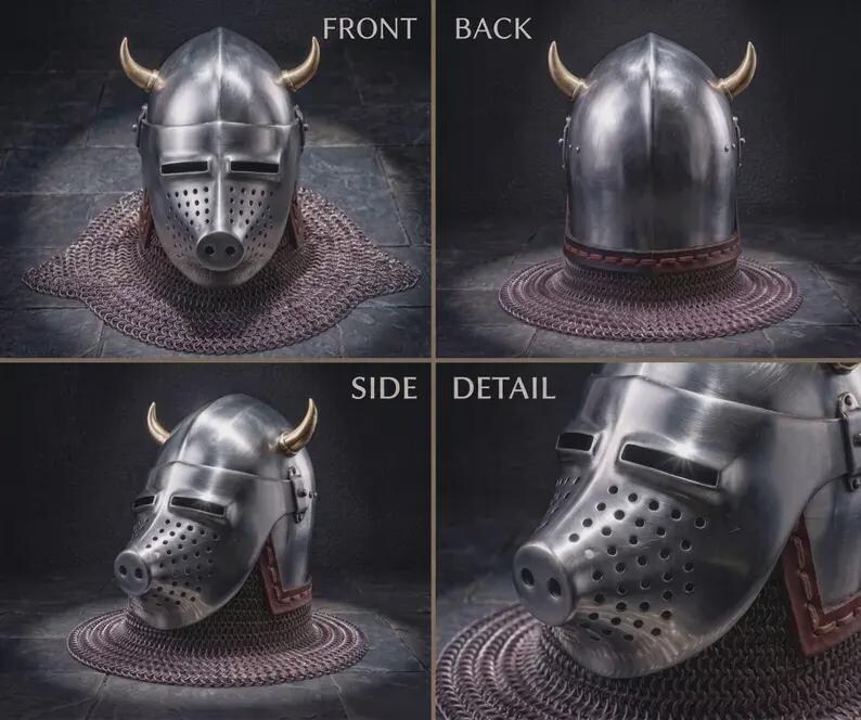 Viking Aventail Pig Face Helmet — Padded Chainmail view 3
