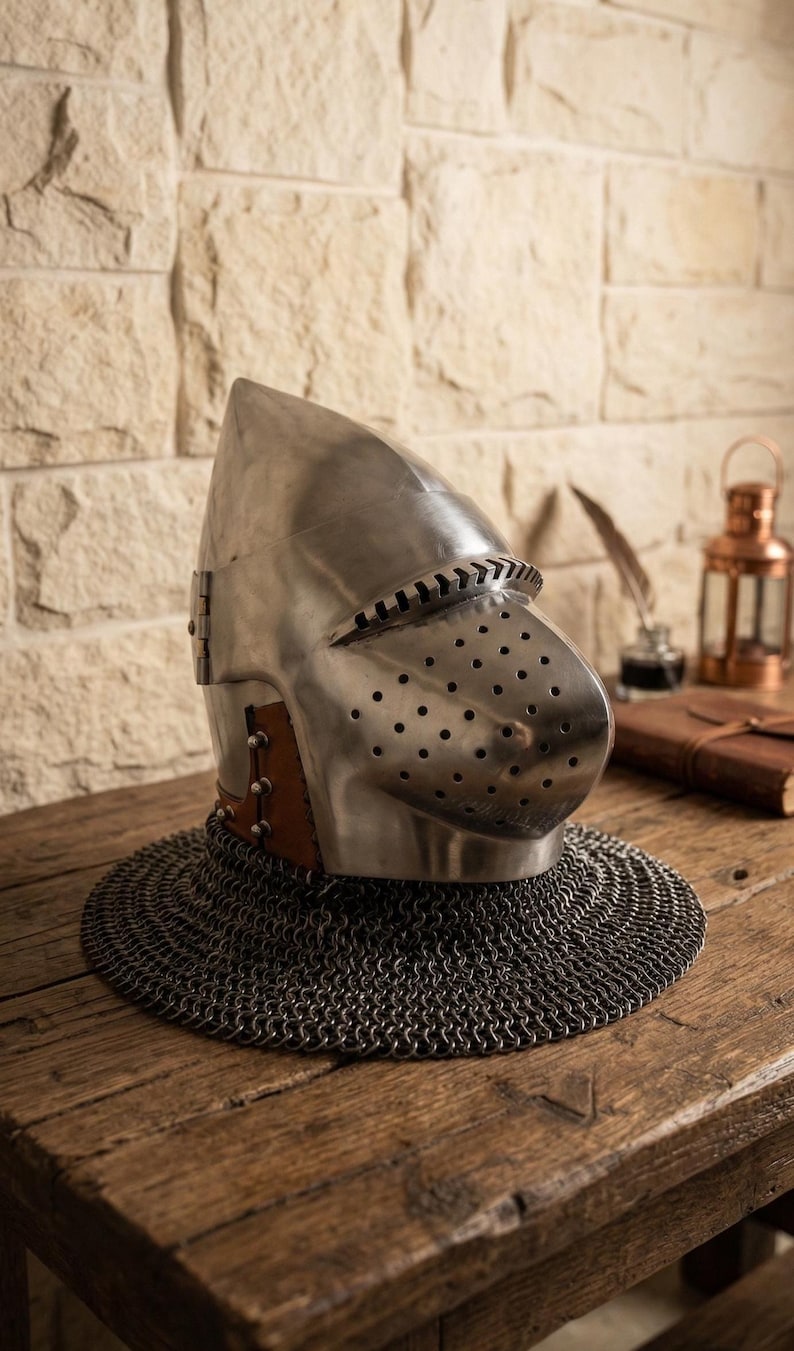 Bascinet Helmet with Chainmail — Crusader Knight view 10
