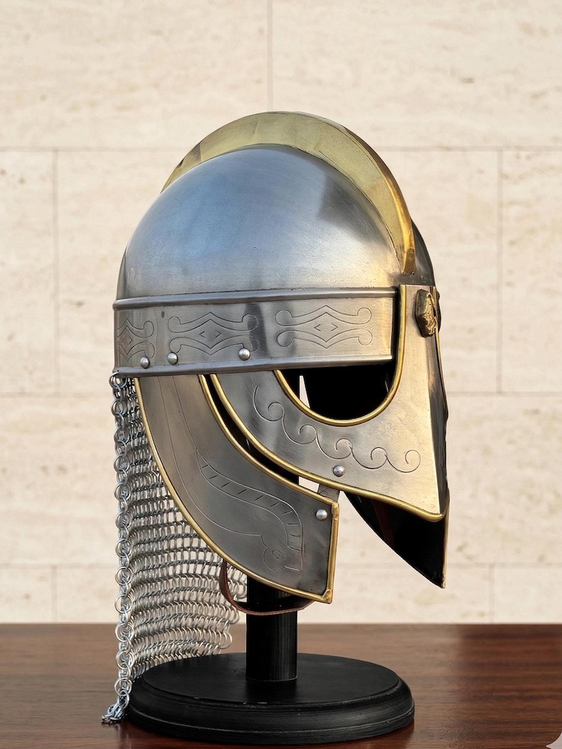 Medieval Knight Helmet with Chainmail — Brass Trim view 2
