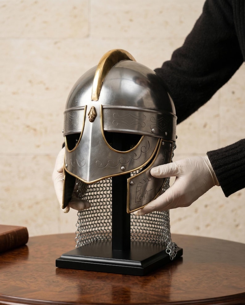 Medieval Knight Helmet with Chainmail — Brass Trim view 3