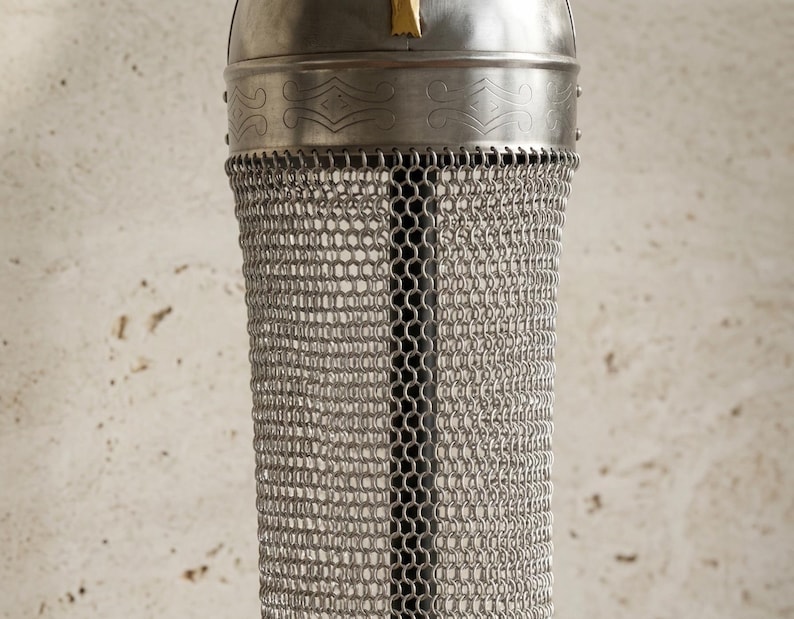 Medieval Knight Helmet with Chainmail — Brass Trim view 4