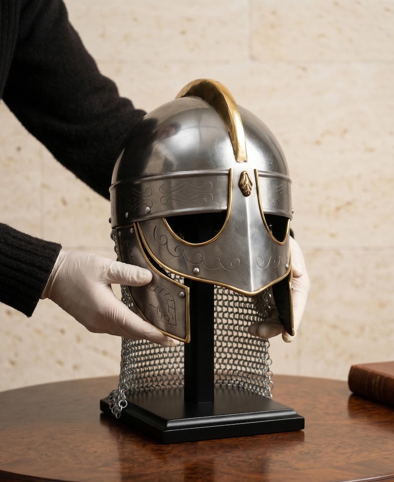 Medieval Knight Helmet with Chainmail — Brass Trim view 7