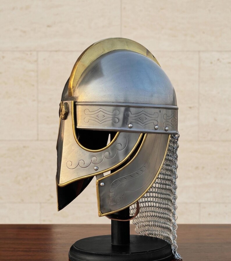 Medieval Knight Helmet with Chainmail — Brass Trim view 8