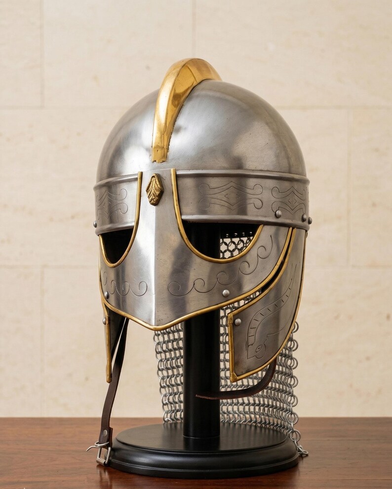 Medieval Knight Helmet with Chainmail — Brass Trim view 9
