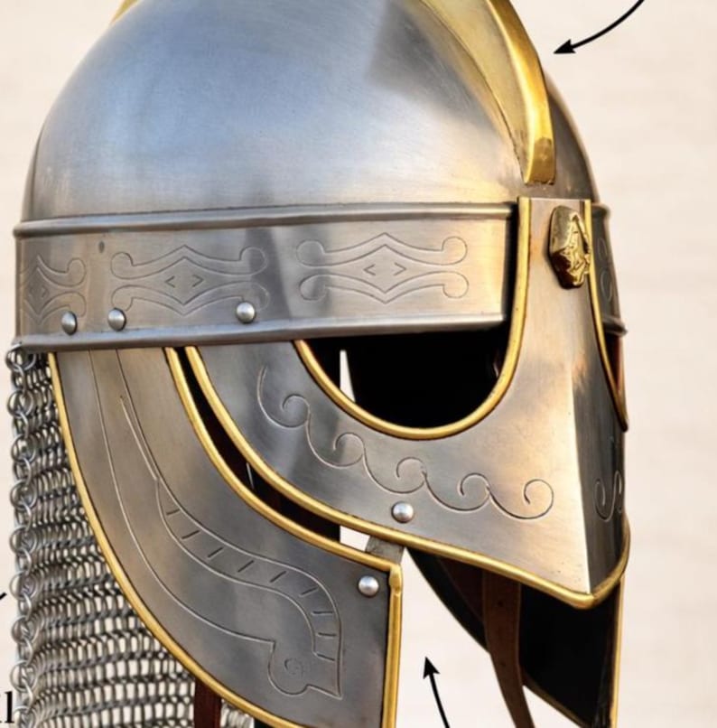 Medieval Knight Helmet with Chainmail — Brass Trim view 10