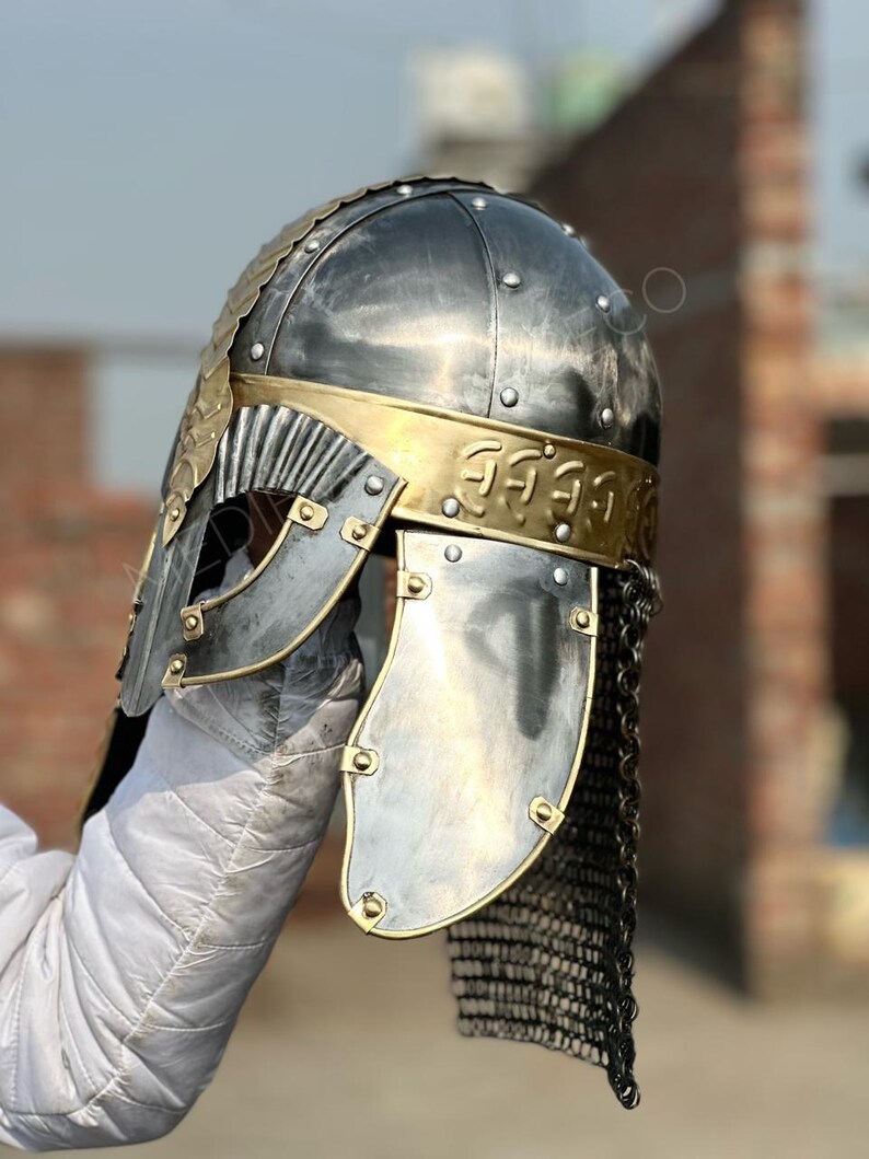 Viking Knight Helmet with Chainmail — Brass Aventail view 5