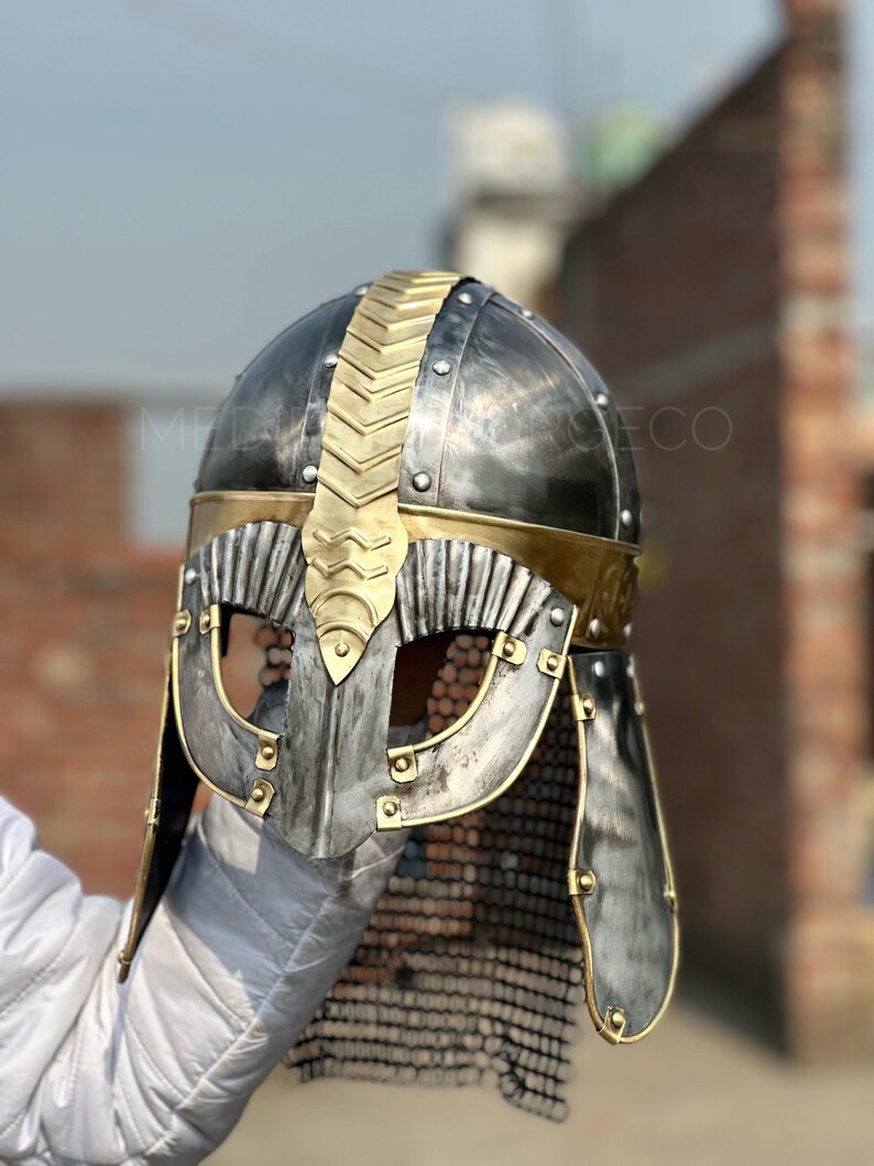 Viking Knight Helmet with Chainmail — Brass Aventail view 6