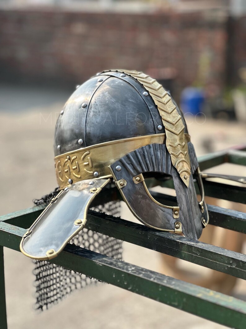 Viking Knight Helmet with Chainmail — Brass Aventail view 7