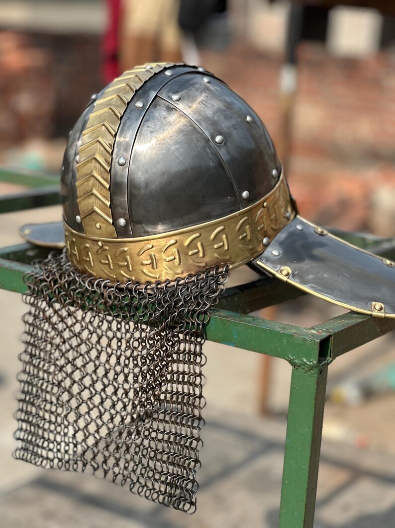 Viking Knight Helmet with Chainmail — Brass Aventail view 8