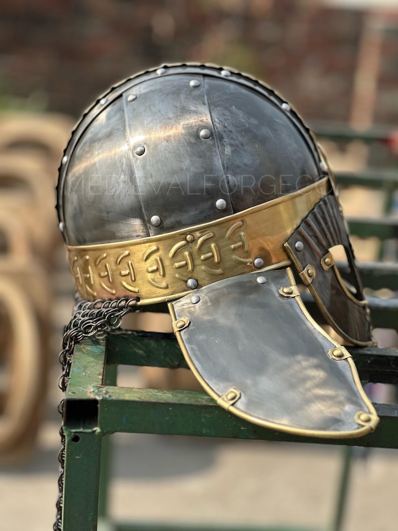 Viking Knight Helmet with Chainmail — Brass Aventail view 9