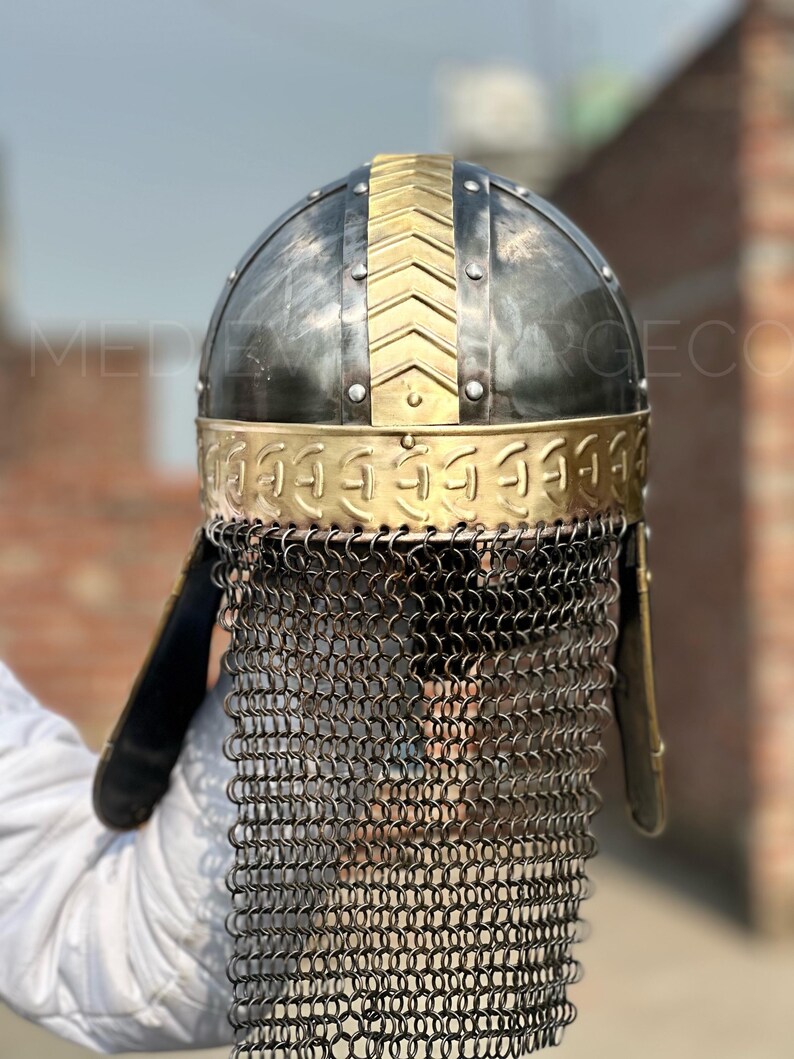 Viking Knight Helmet with Chainmail — Brass Aventail view 10