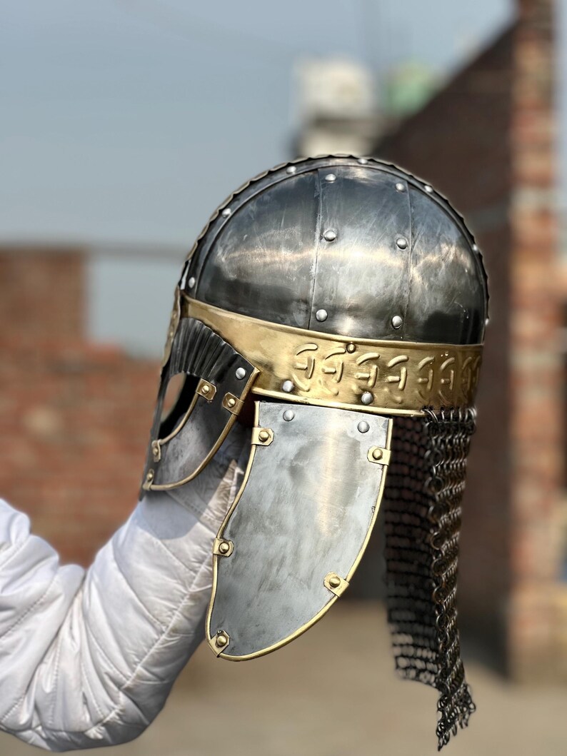 Viking Knight Helmet with Chainmail — Brass Aventail view 11