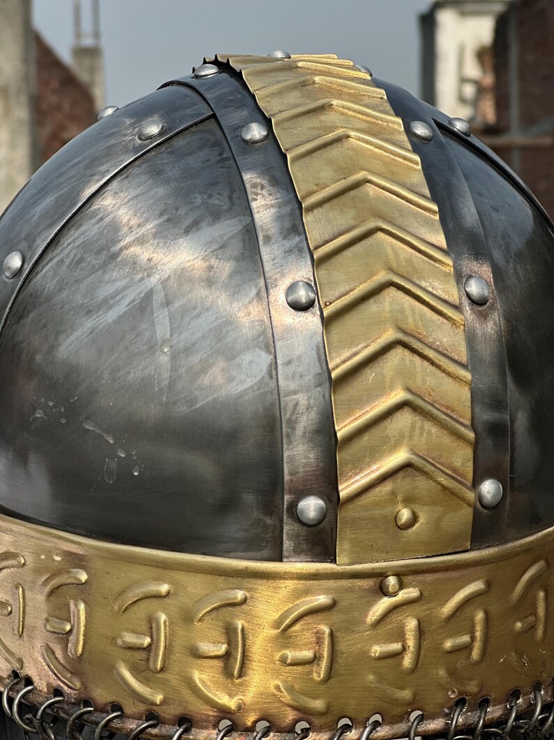 Viking Knight Helmet with Chainmail — Brass Aventail view 14