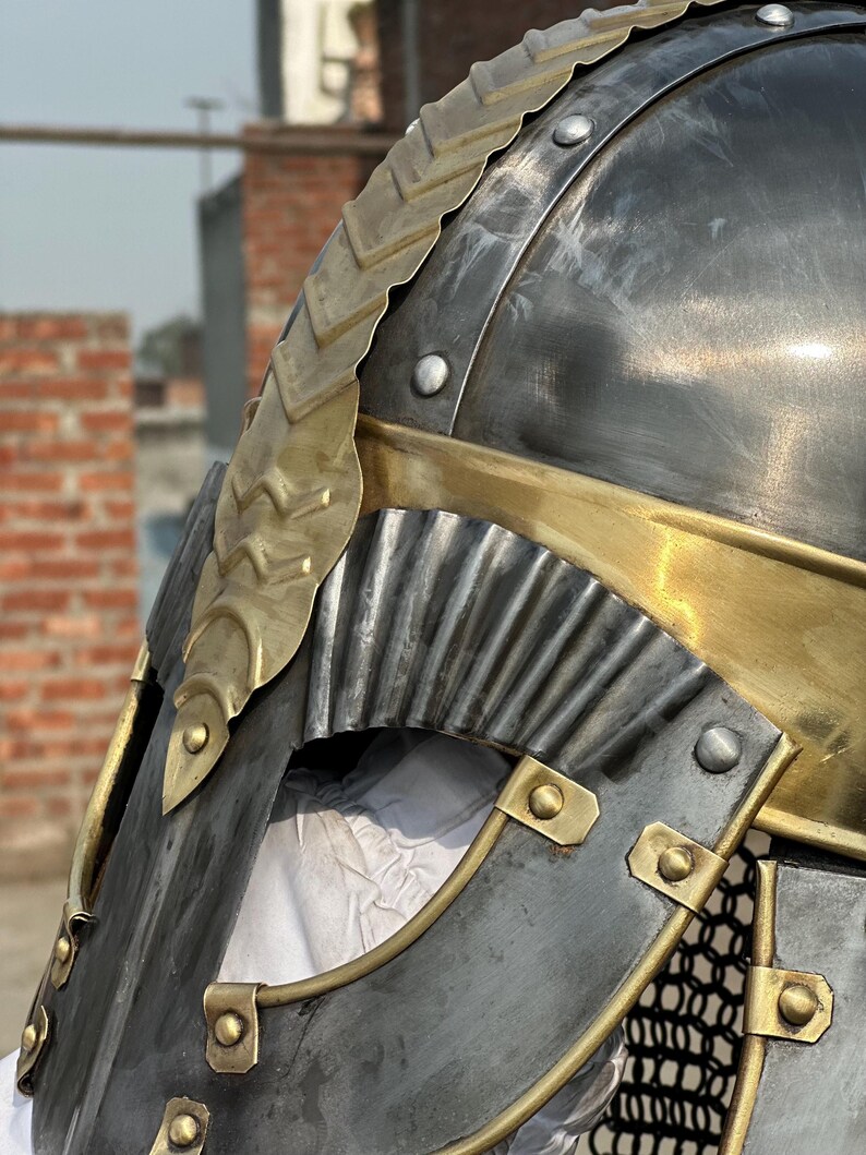 Viking Knight Helmet with Chainmail — Brass Aventail view 15