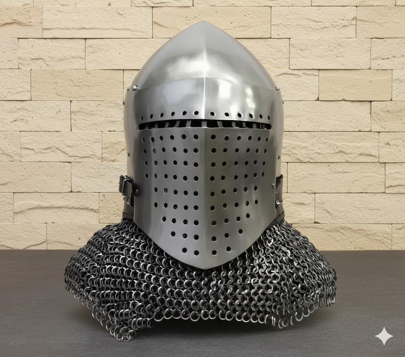 Crusader Knight Great Helm — Steel Chainmail view 2