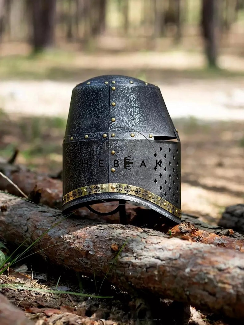 Medieval Knight Steel Great Helmet — Templar Prop view 3