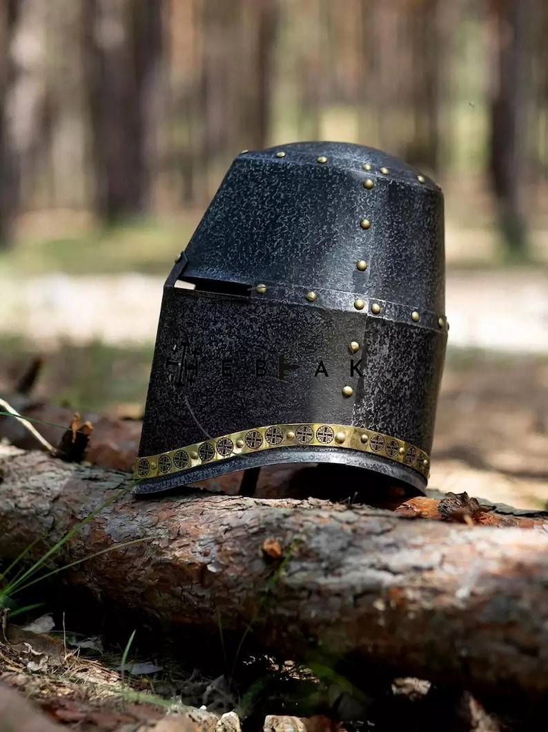 Medieval Knight Steel Great Helmet — Templar Prop view 4