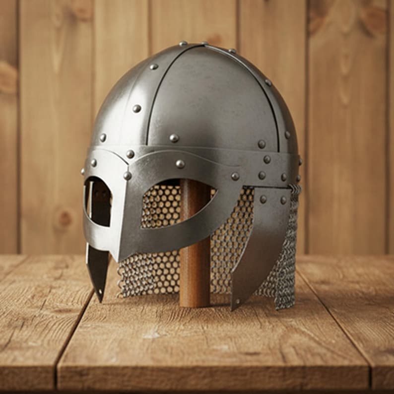 Viking Vendel Spectacle Helmet — Chainmail Wooden Stand view 4