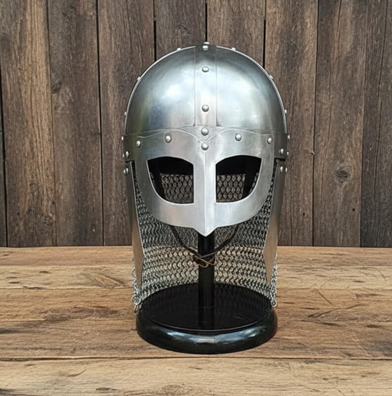 Viking Vendel Spectacle Helmet — Chainmail Wooden Stand view 6