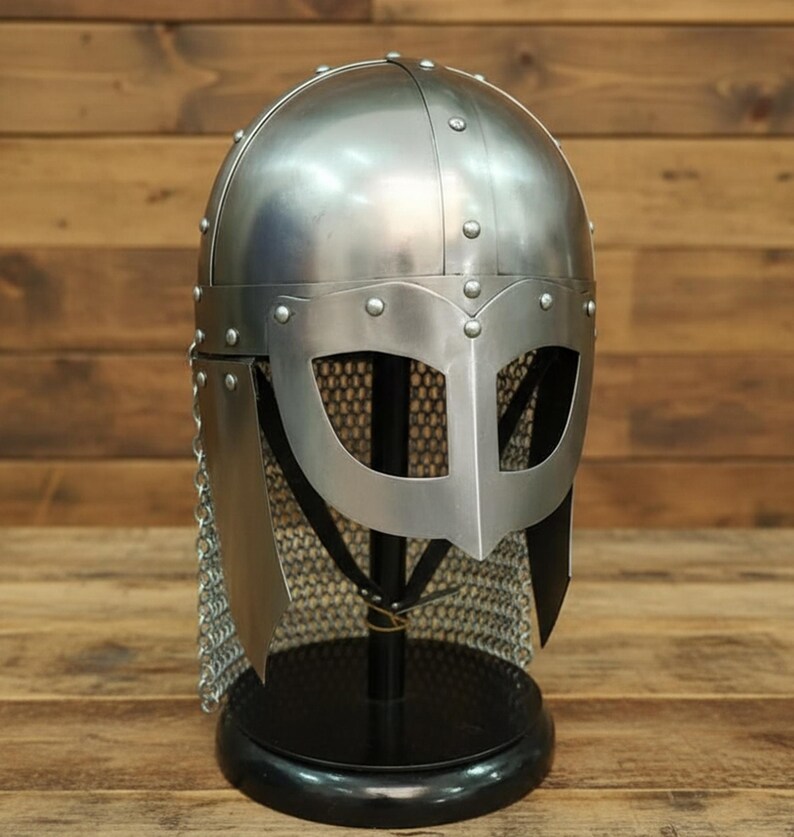 Viking Vendel Spectacle Helmet — Chainmail Wooden Stand view 10