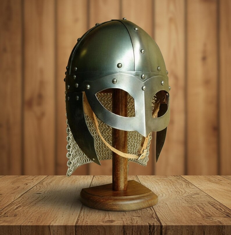 Viking Vendel Spectacle Helmet — Chainmail Wooden Stand view 11