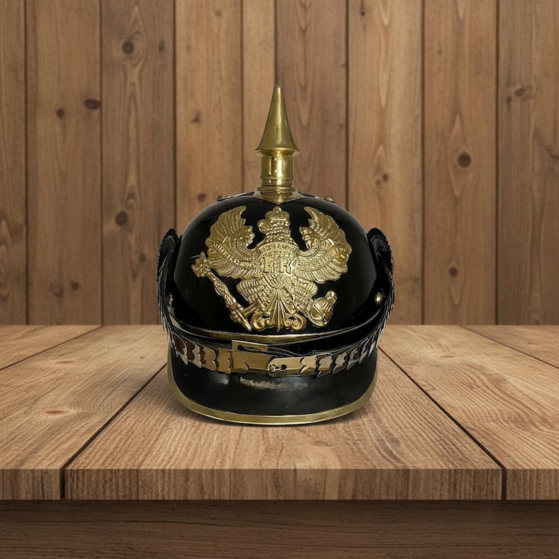 German Pickelhaube Helmet with Wooden Stand view 7